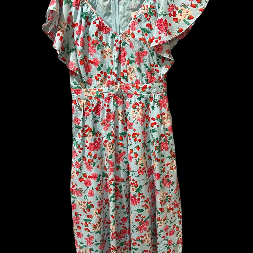 O41 Ann Taylor Floral Midi Dress in Light Blue with Red & Green Print
